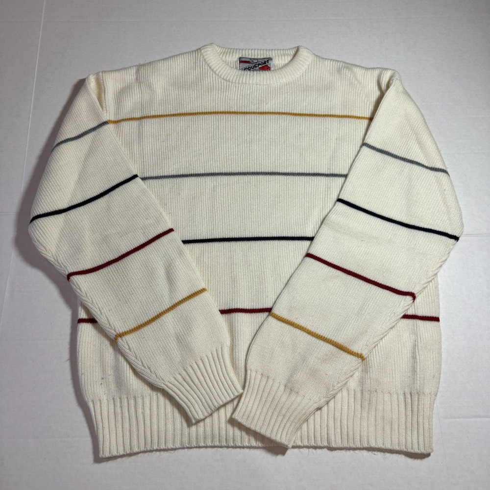 VTG 70S CAMPUS SPORT STRIPED IVORY MENS PULLOVER CREWNECK SWEATER SIZE LARGE